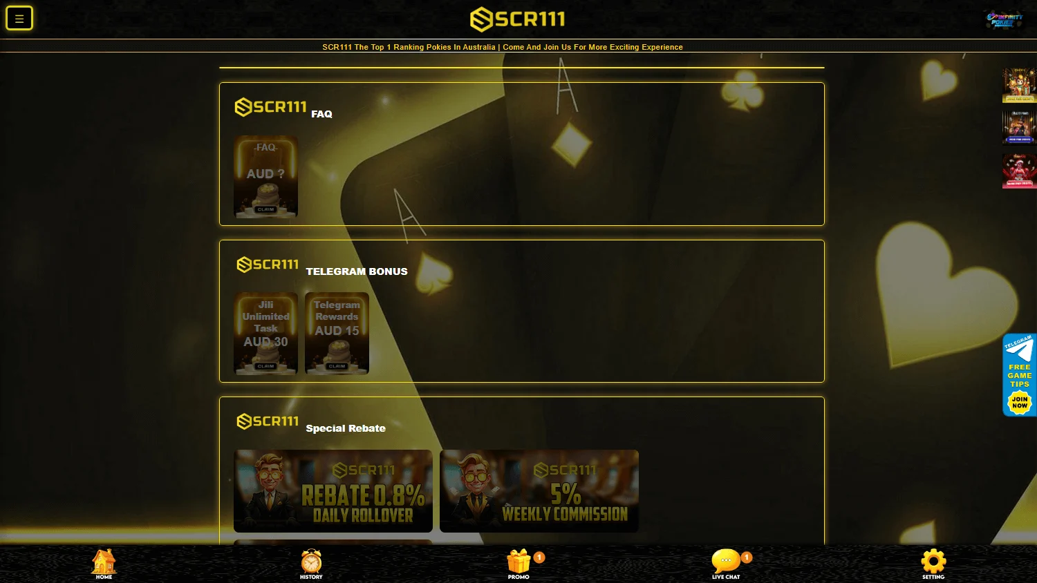Scr111 Casino promotions area on desktop